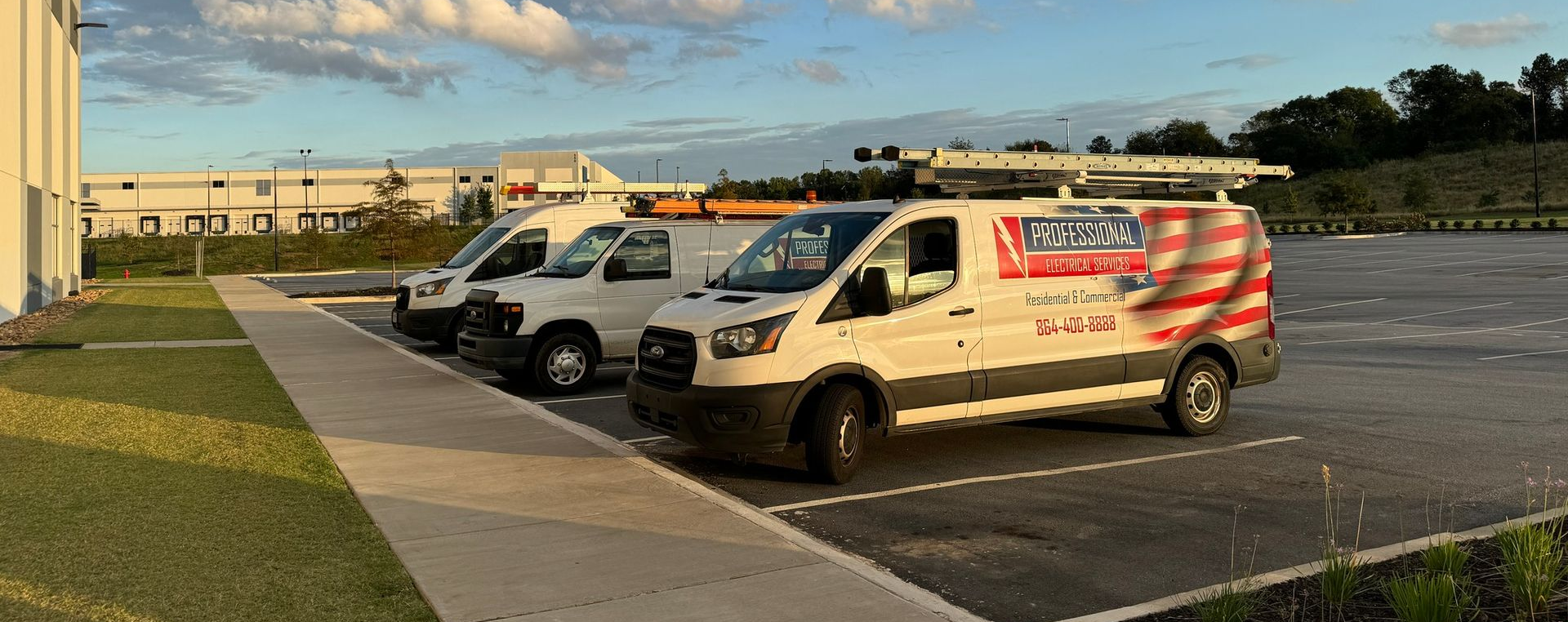 Hiring ad: Electrician with a man working on electrical panel, text 