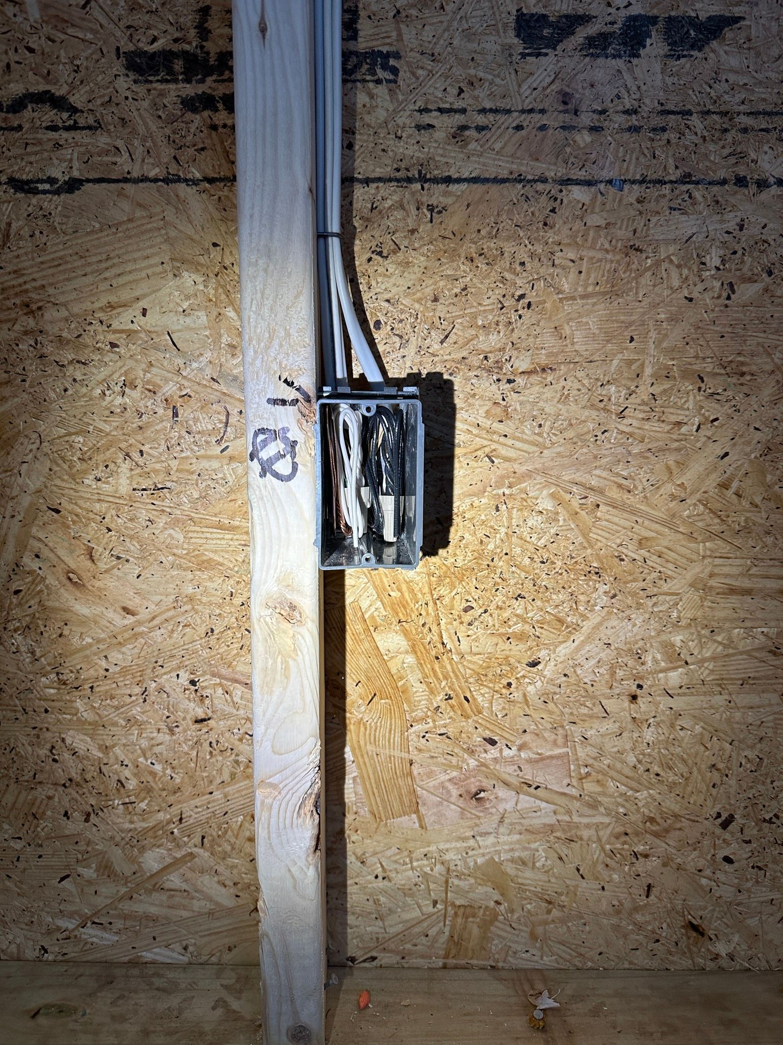 Electrical junction box attached to a wooden stud. Wiring and unfinished wall in the background.