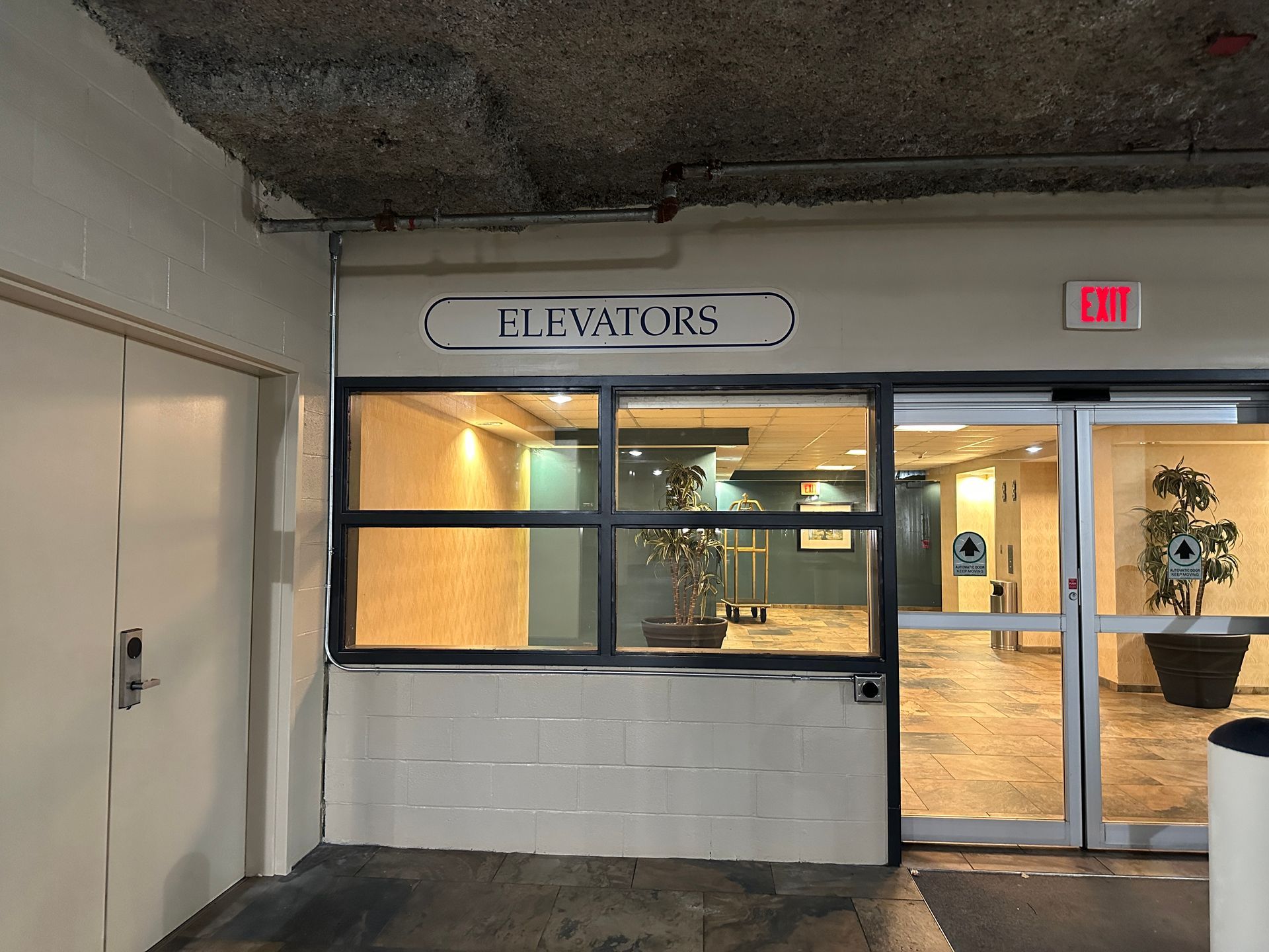 Entrance to elevators in a building, with automatic doors, overhead sign, and potted plant.