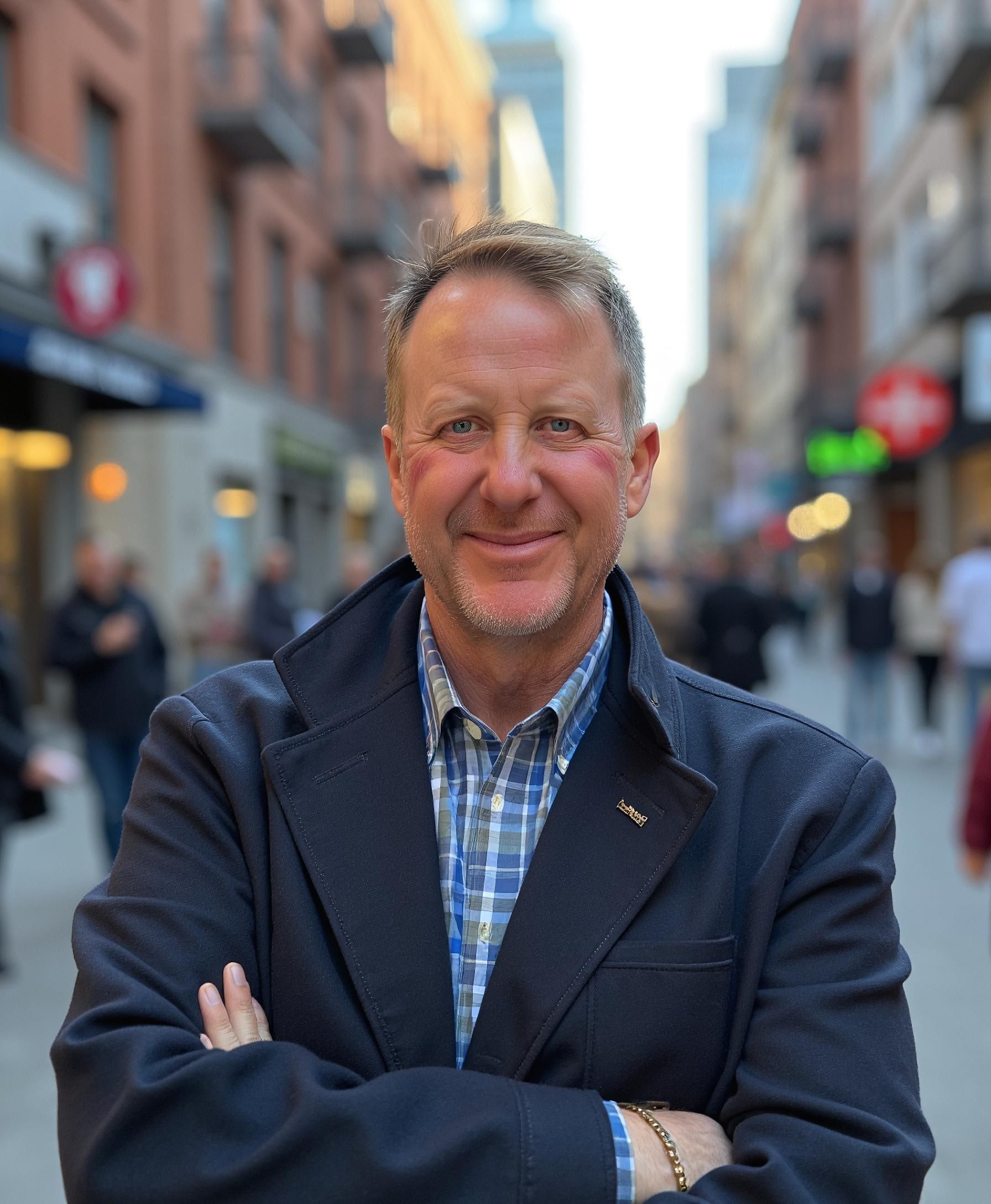 A man with a beard is smiling in front of a white brick wall.
