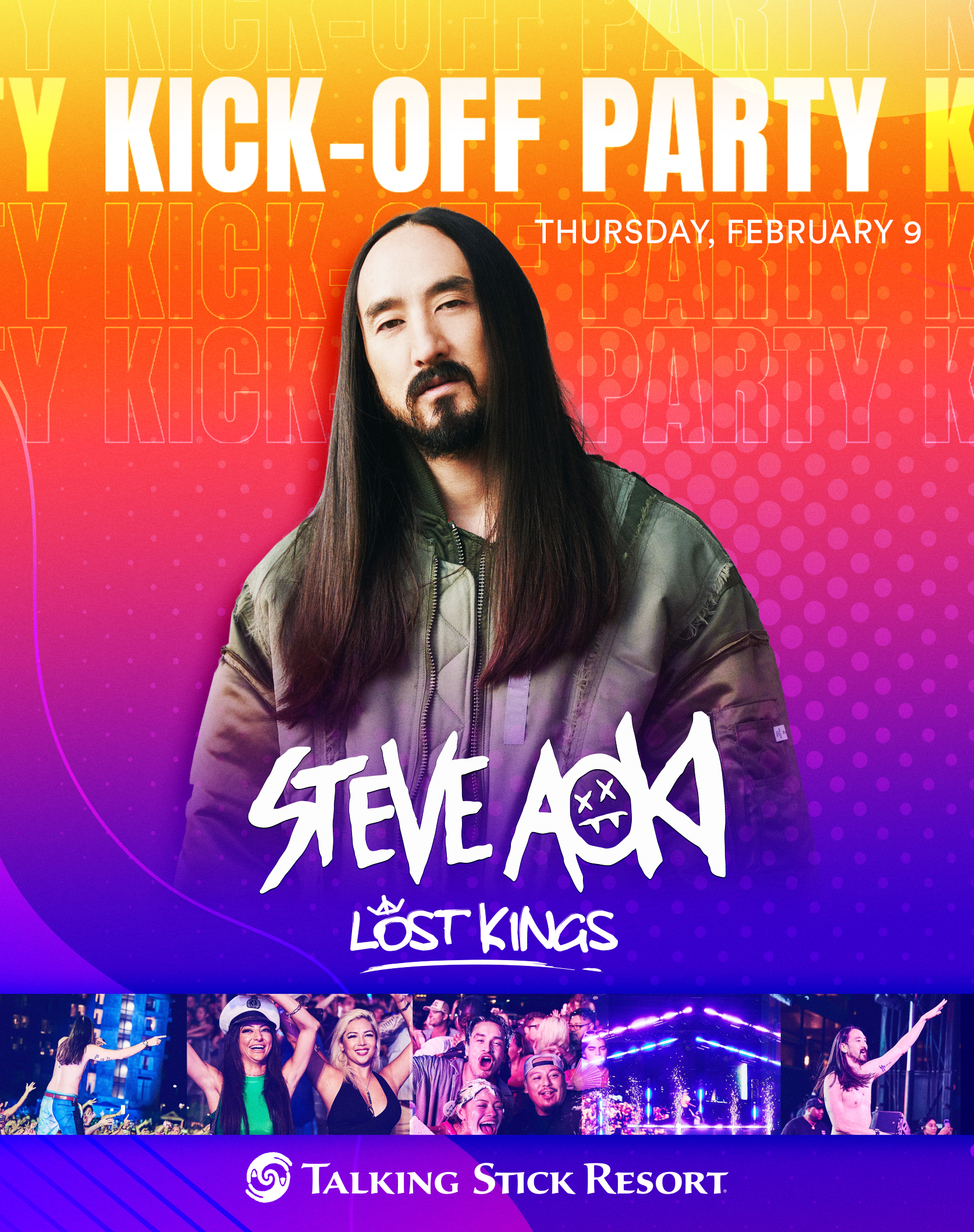 A poster for a kick-off party featuring steve aoki