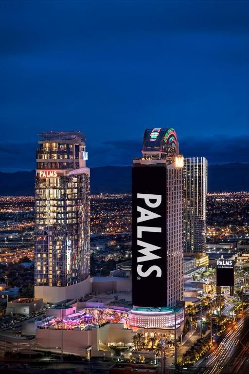 An aerial view of the palms hotel and casino at night.