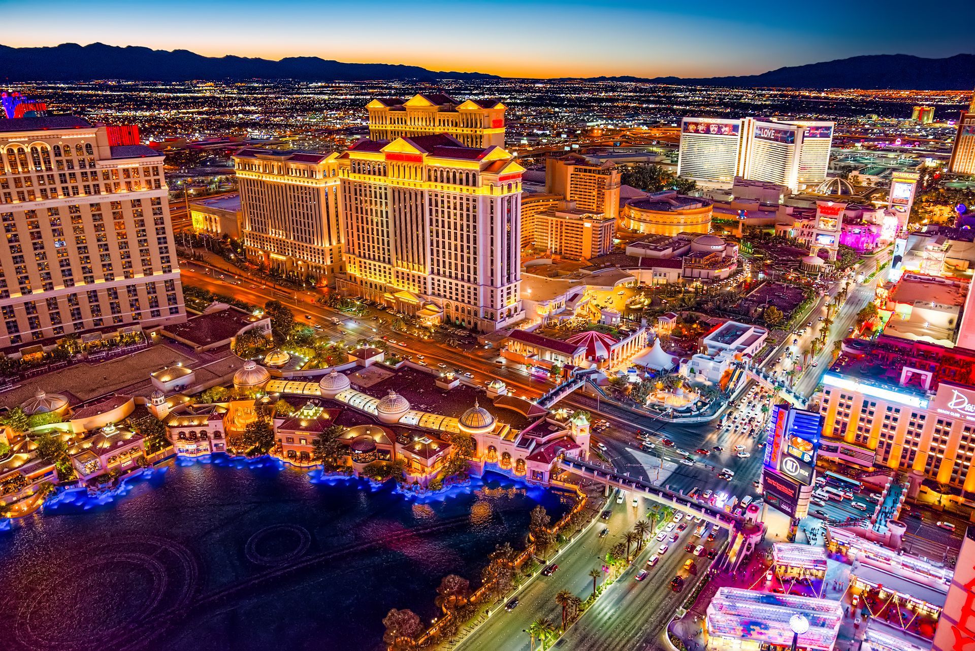 An aerial view of the city of las vegas at night.