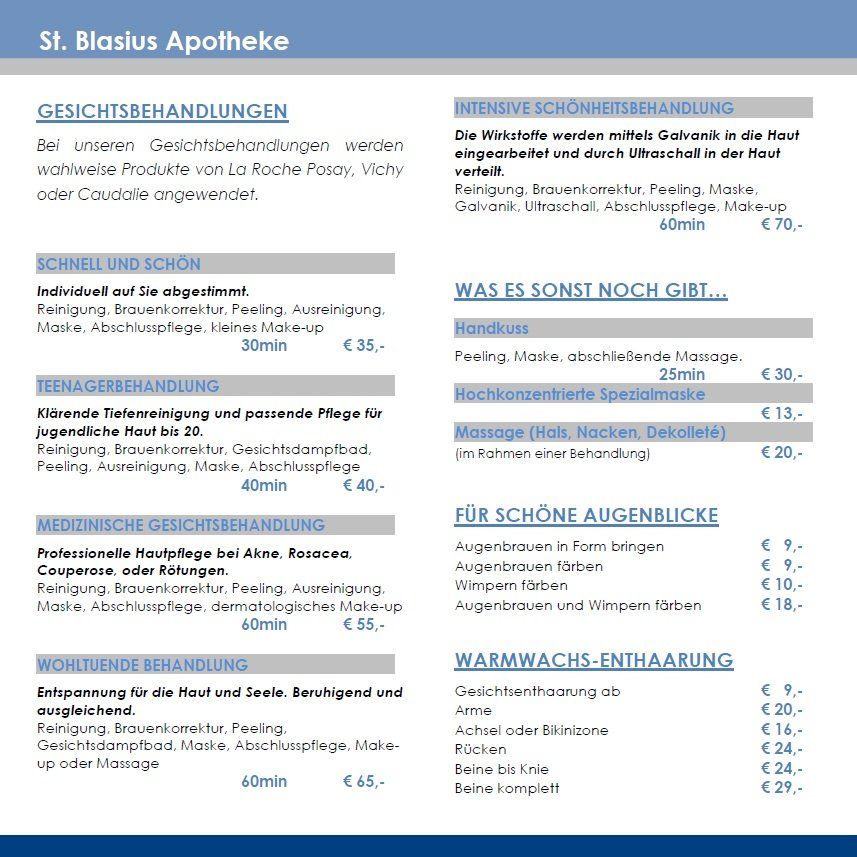 Preisliste Kosmetikbehandlungen