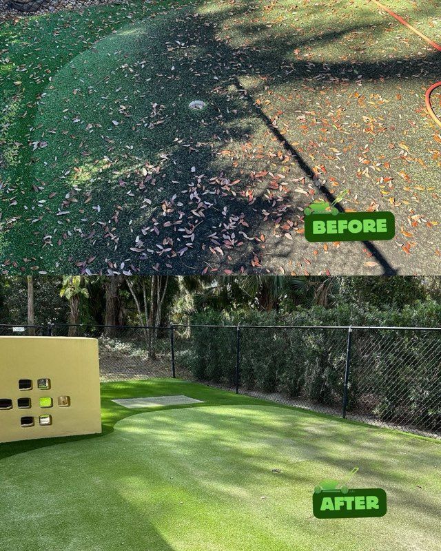 A before and after photo of a lawn with leaves on it.