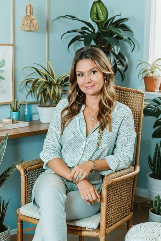 A woman is sitting in a chair in a room surrounded by potted plants.