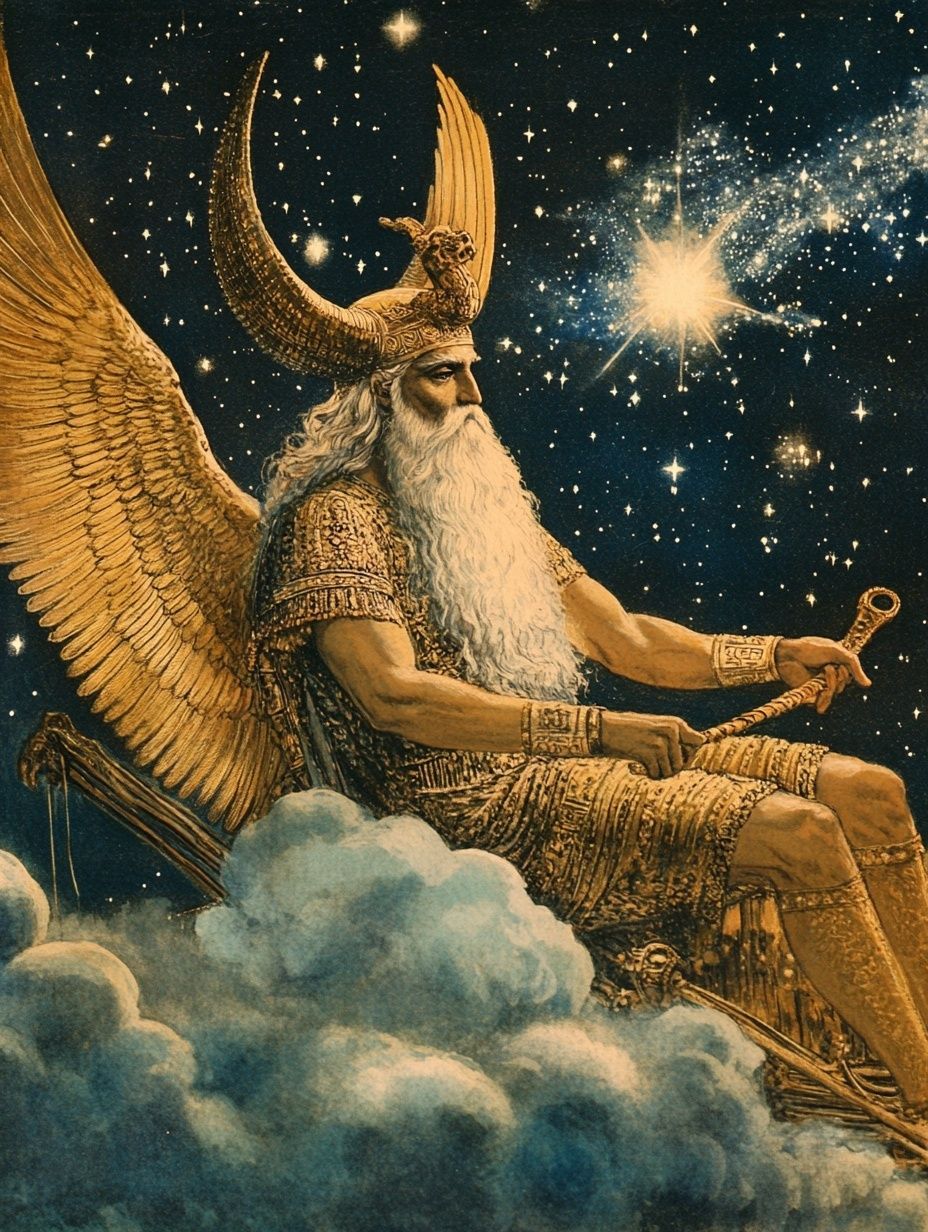 ancient god, long white beard, chariot in sky, moon