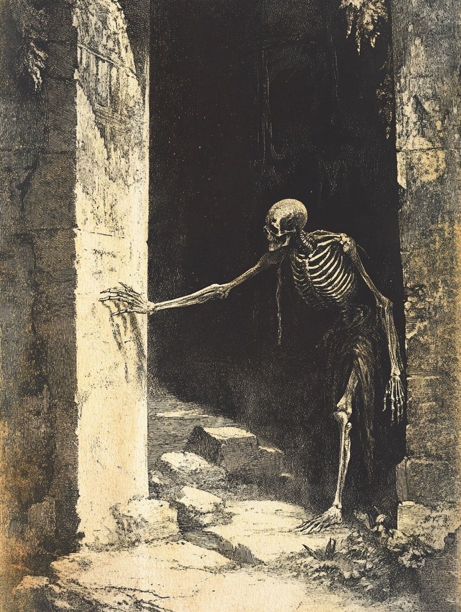 a skeleton teaches out to touch a wall