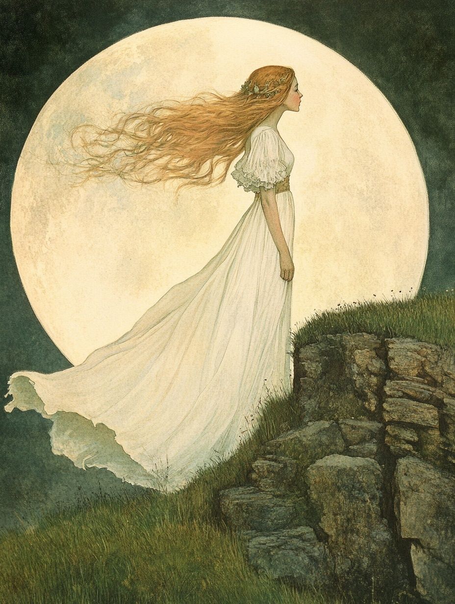 Irish goddess long blond hair under full moon