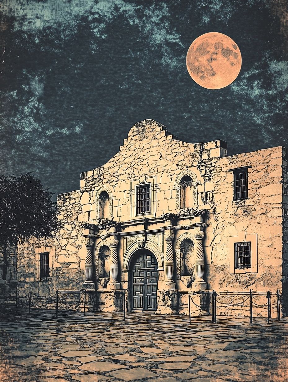 vintage drawing the Alamo san antonio Texas, nighttime