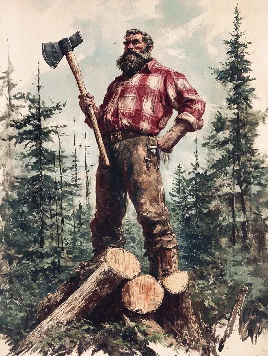 large man in red white checked shirt standing on a tree stump holding an axe