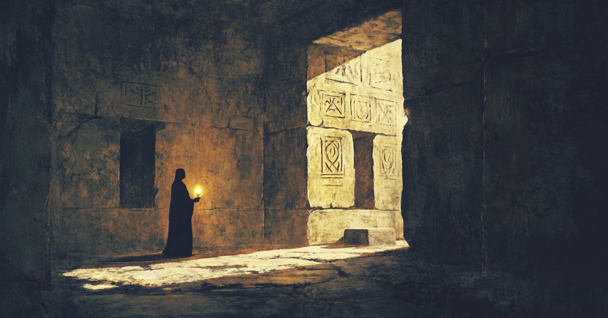ancient tomb, shadow of a man holds a glowing candle