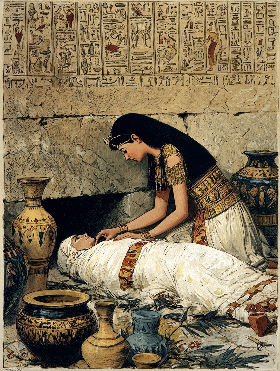 ancient Egyptian woman, long black hair, places amulet on mummy, hieroglyphs in background