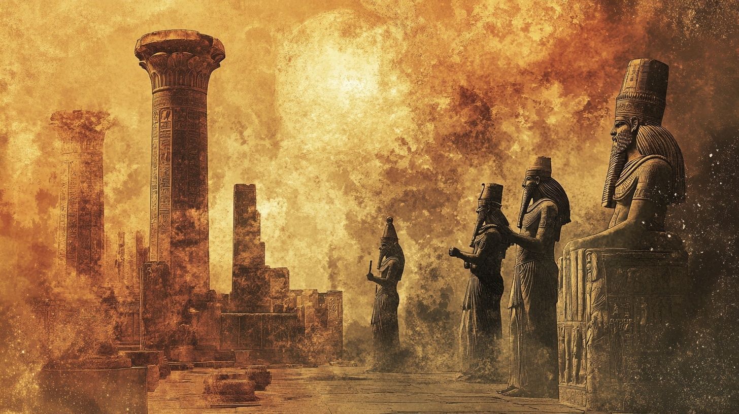 huge statues of gods under fiery sky, ancient babylon