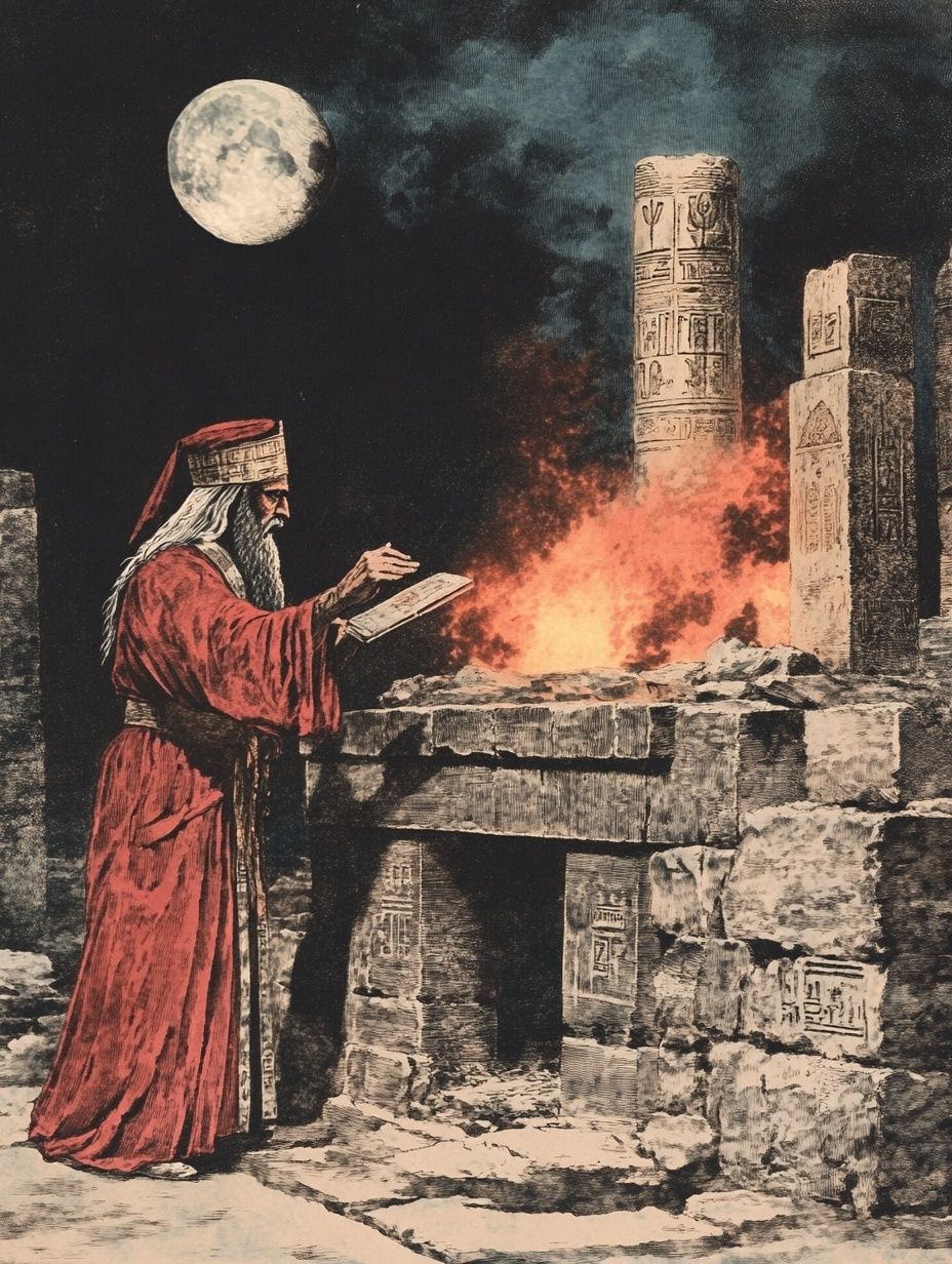 ancient Mesopotamian priest casts spell under moonlight