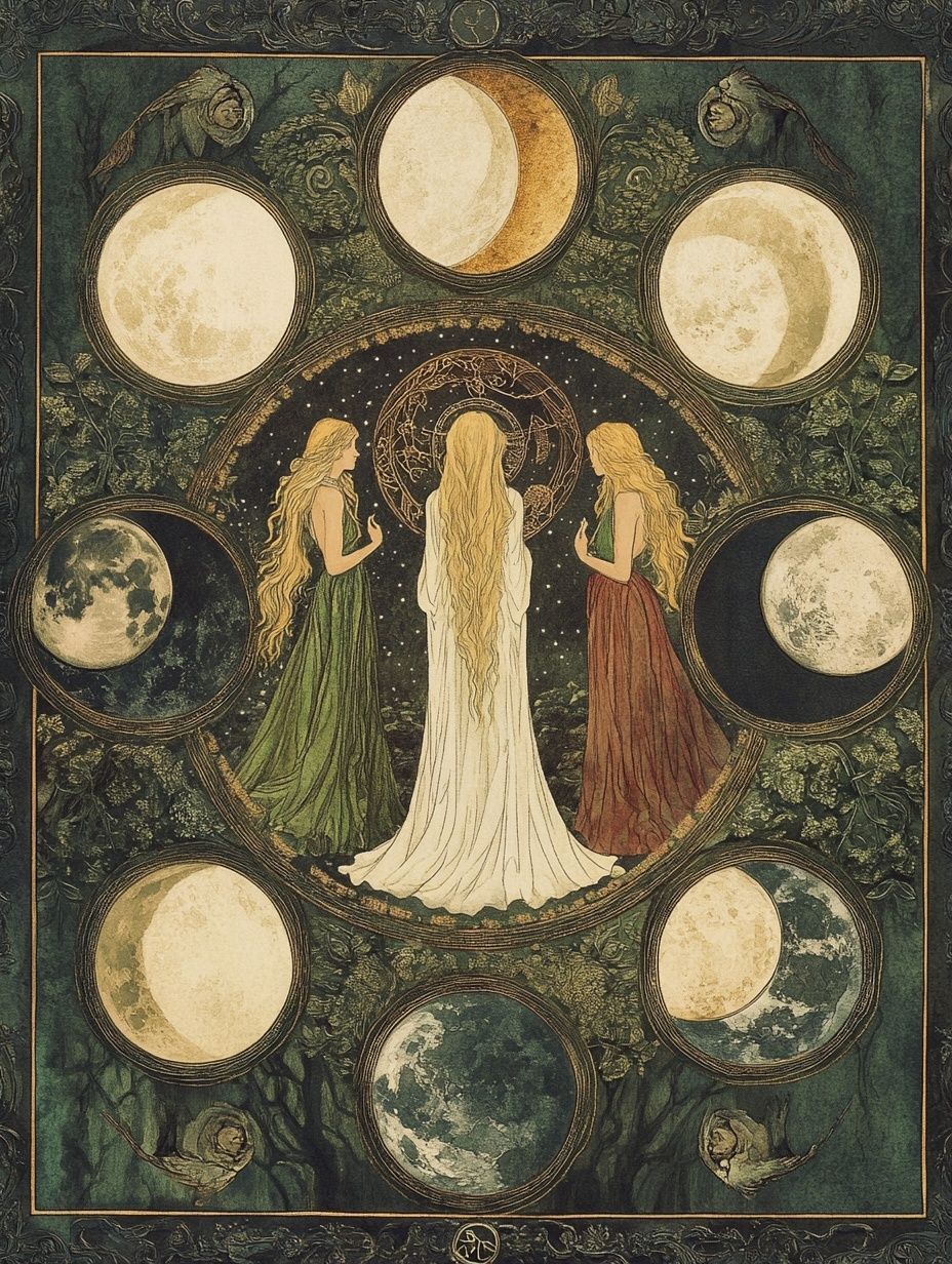 vintage moon depictions, 3 goddesses