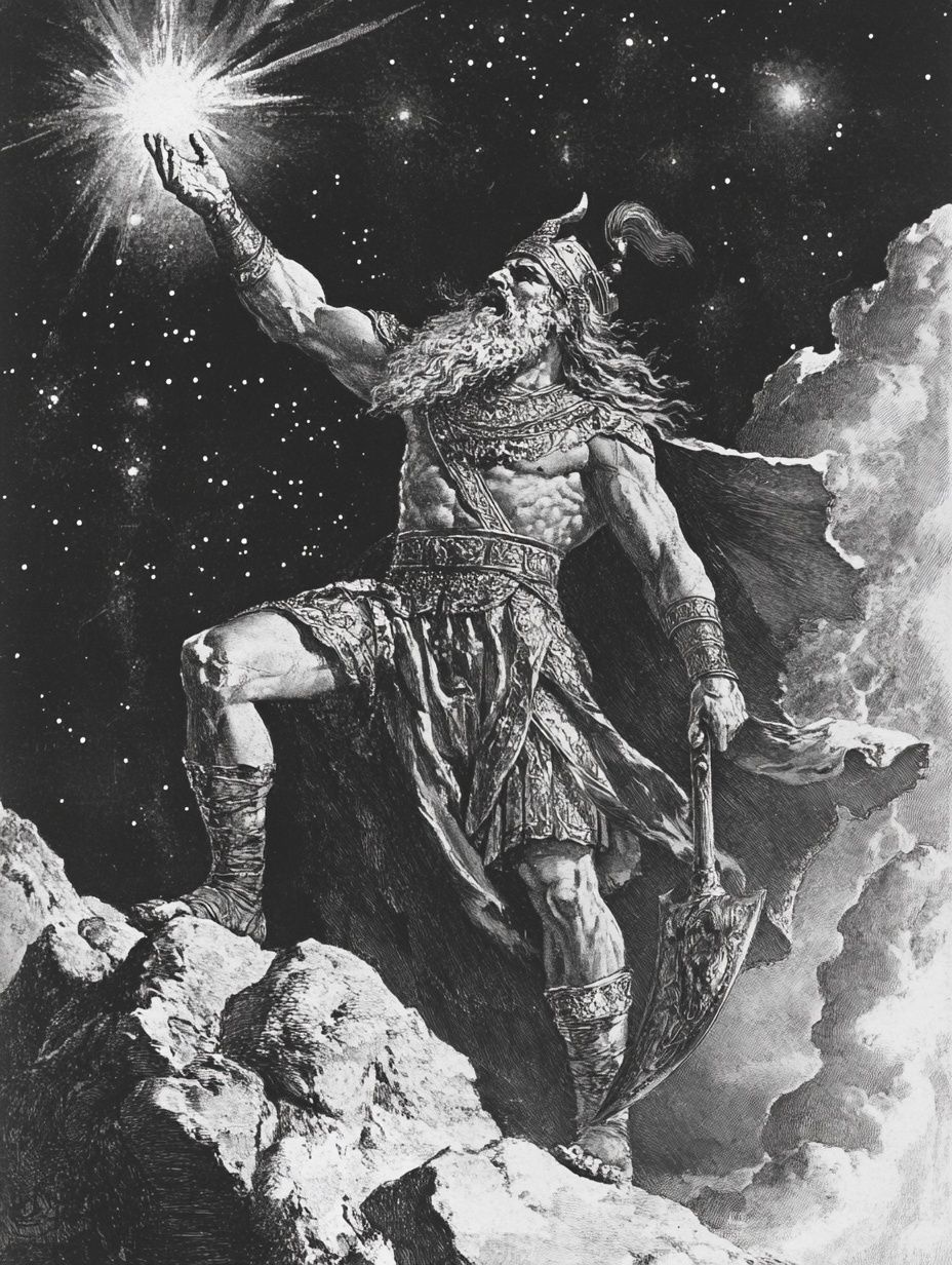 war god standing on rock in sky