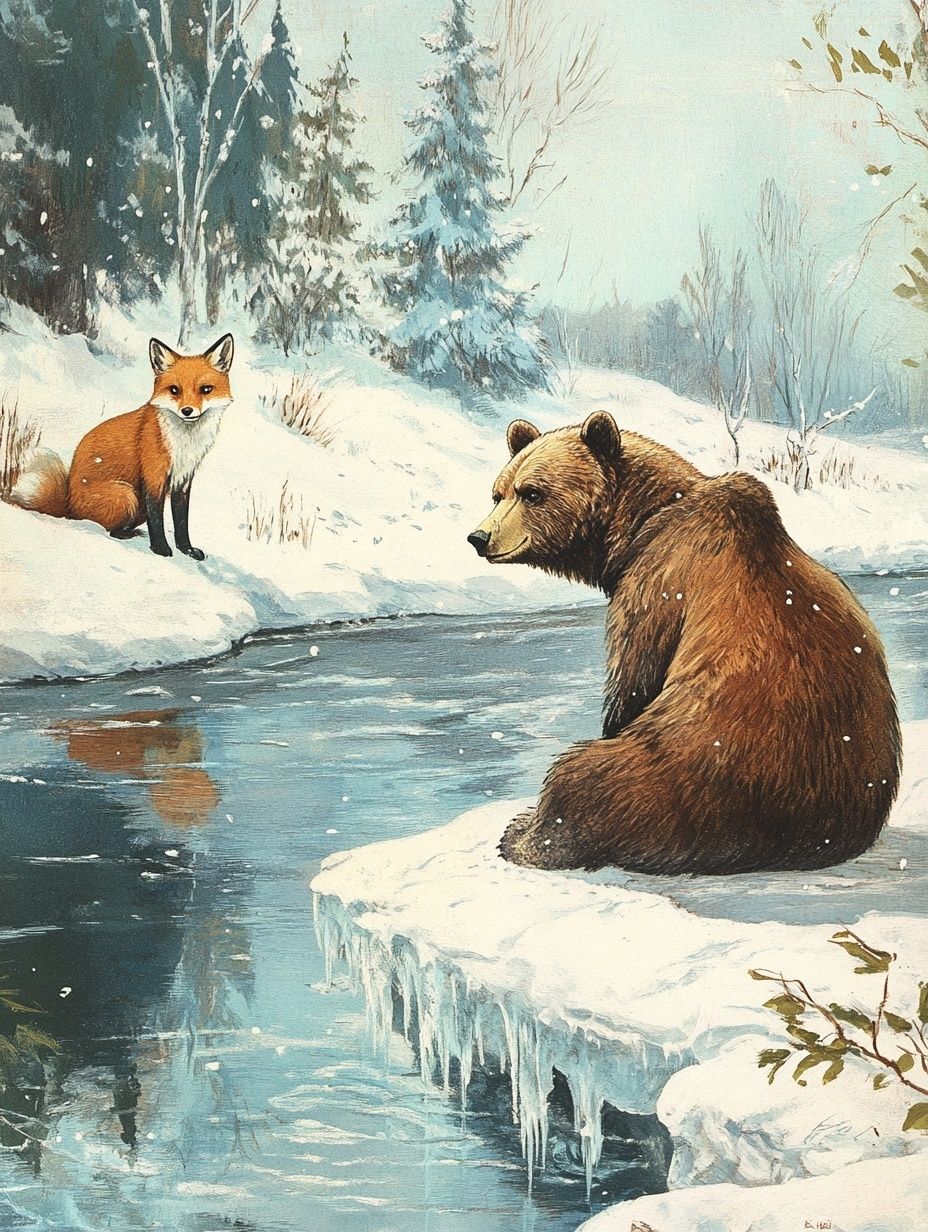 bear and fox sit by frozen lake 