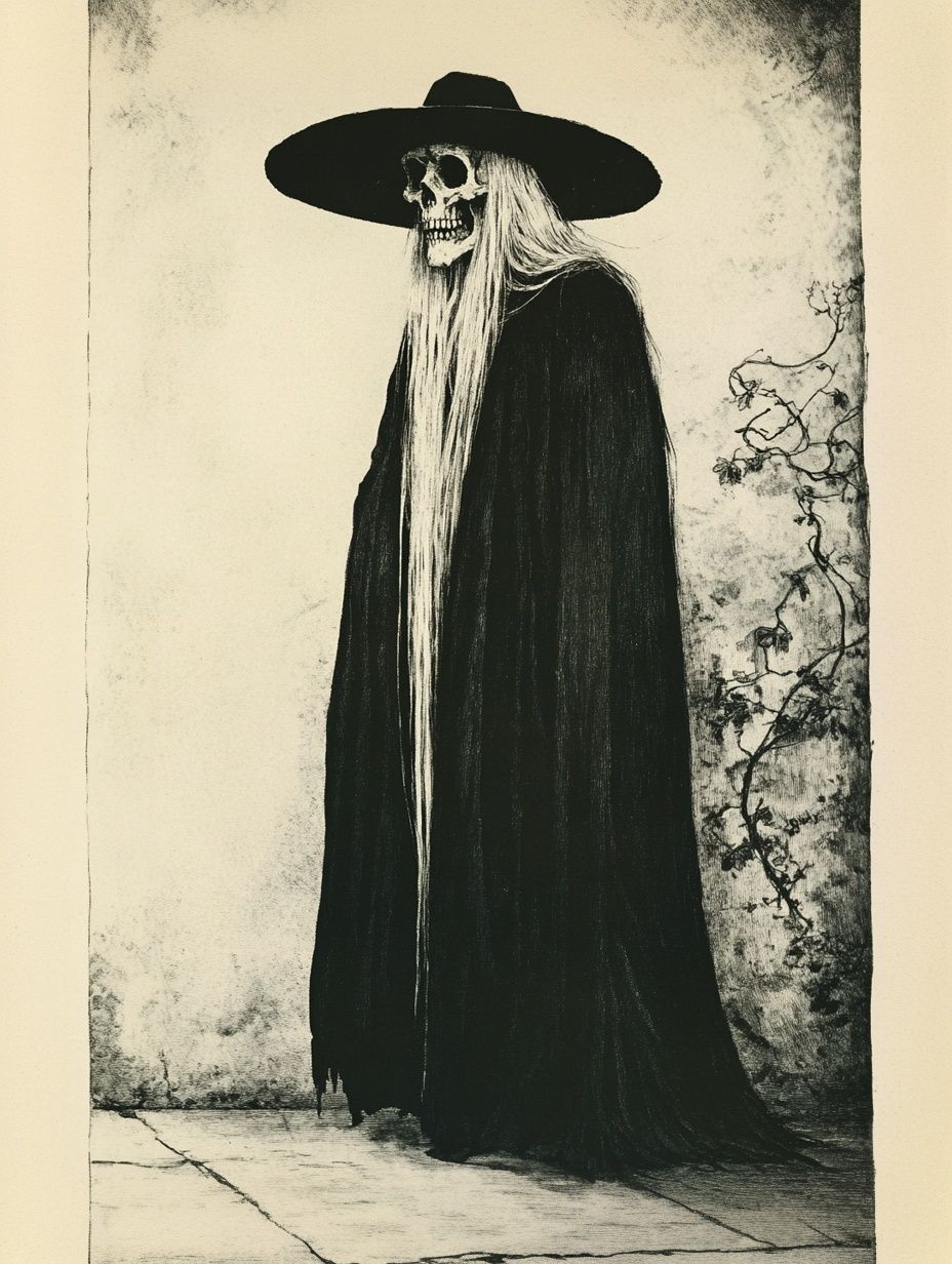 skeletal figure, long white hair, wide brimmed black hat, long black cloak