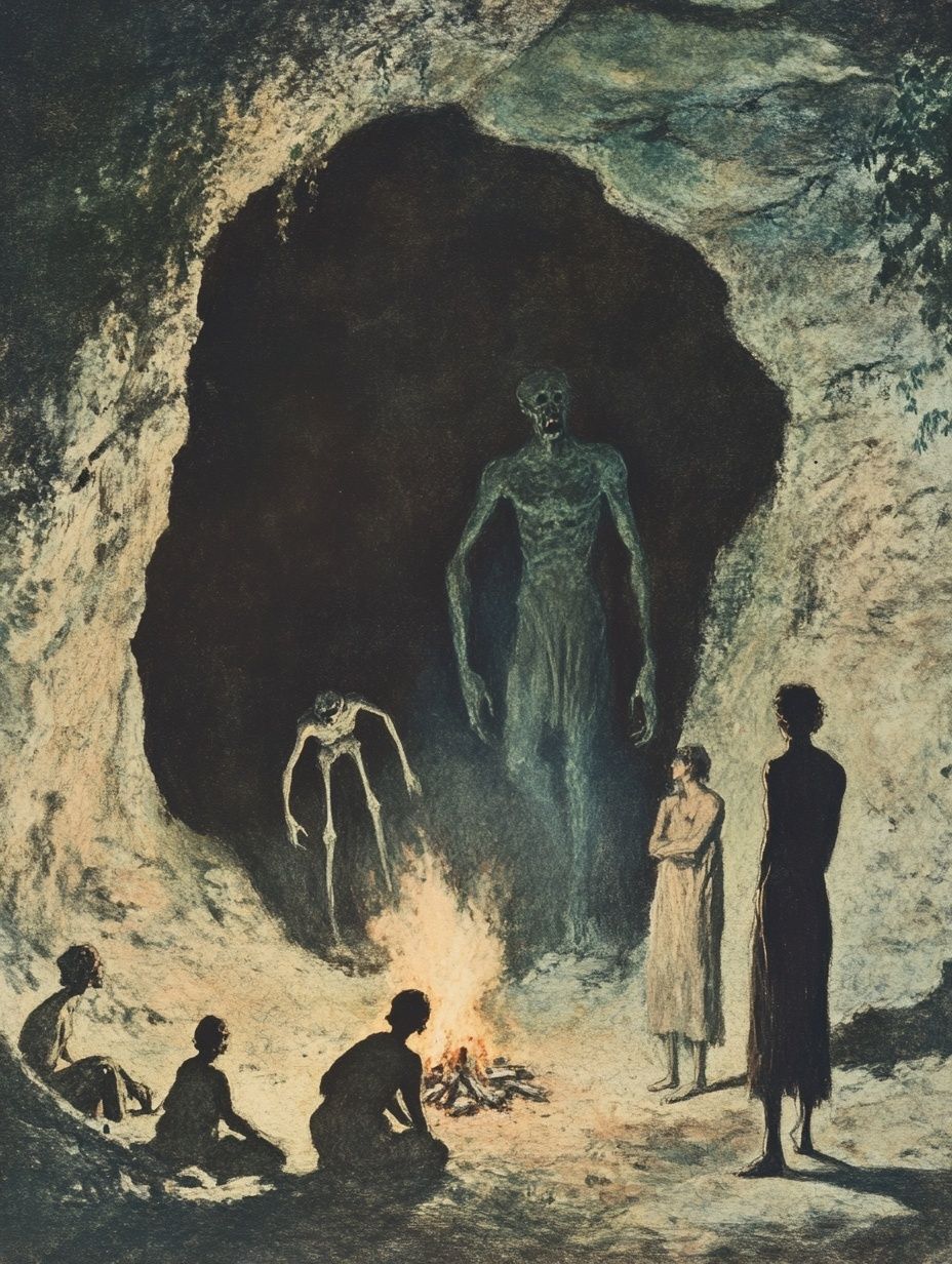 Stone age people cowering around a small fire, shadows dancing on cave walls, a looming, distorted figure representing an exaggerated natural force, outside the cave entrance, vintage illustration