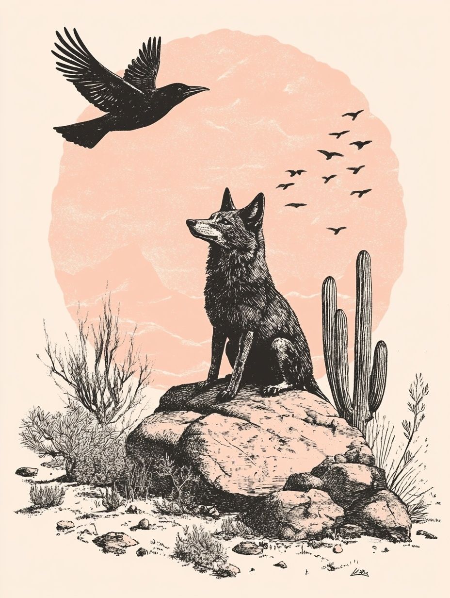 coyote on rock, raven flies overhead, cactus, desert scape