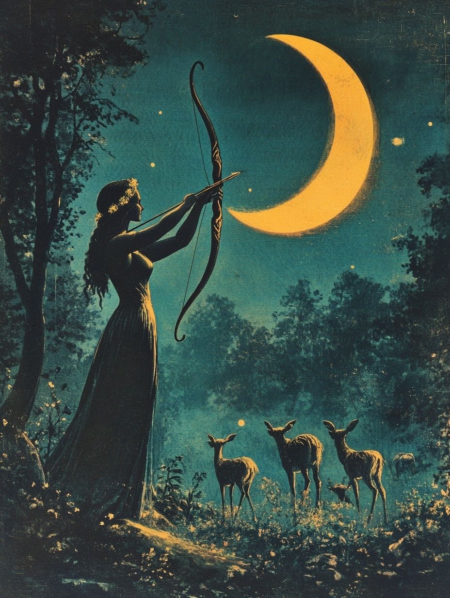 greek goddess shoots arrow at crescent moon, forest scene, deer