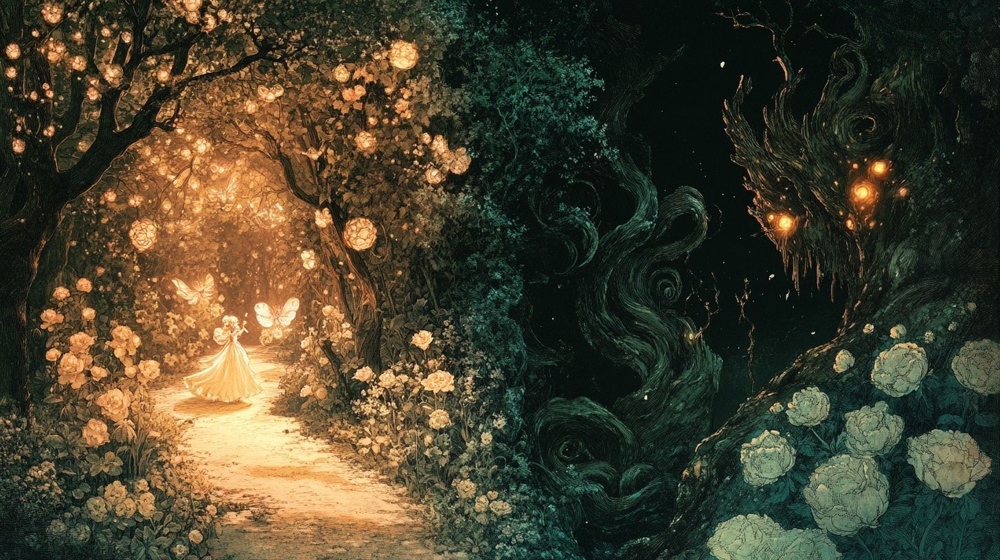 a two sided forest, one half light and ethereal with sweet fairies and glowing lights, the other dark and mysterious with gnarled trees