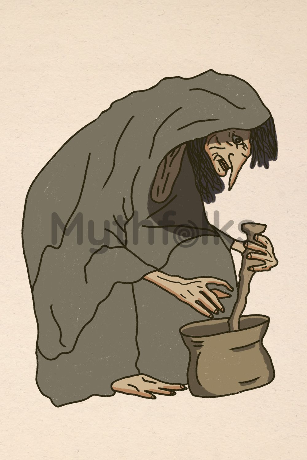 original illustration, Baba Yaga crone haggard old woman grey cloak, cauldron