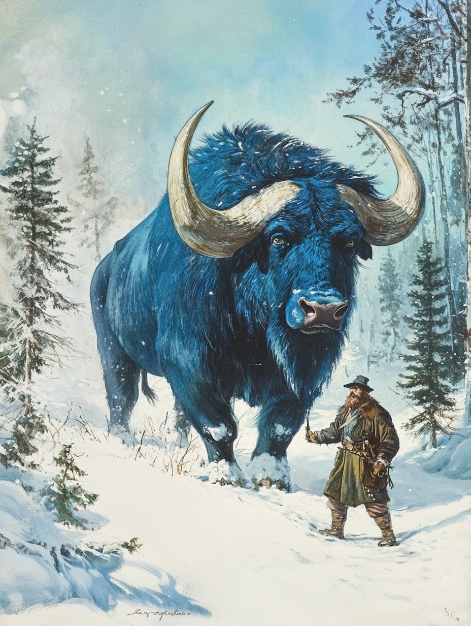 enormous blue ox with horns, being led by lumberjack through snow, babe the blue ox paul bunyan tall tale