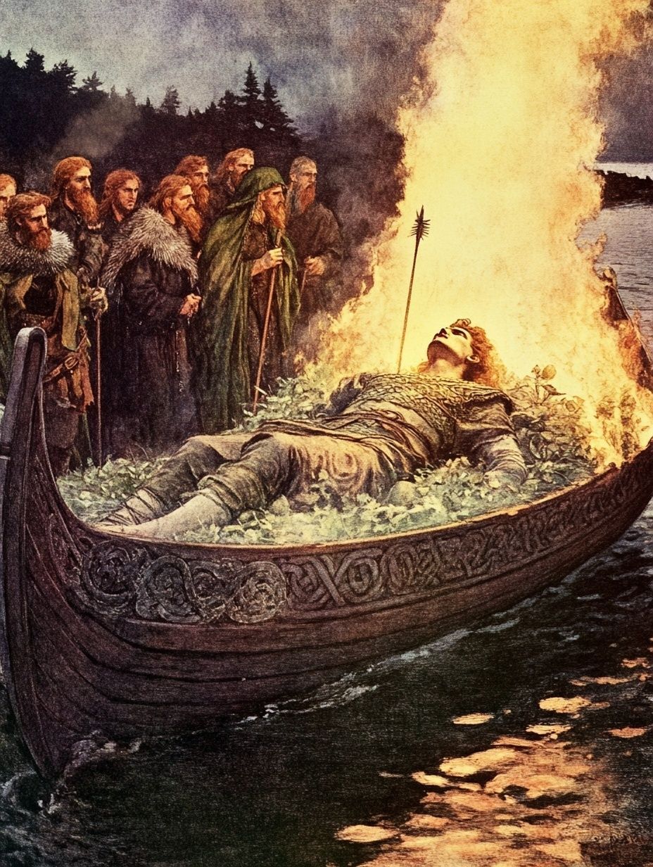 young, radiant man with an ethereal glow, lying peacefully on a funeral bier surrounded by weeping figures, a single dart made from a pale, woody plant piercing his chest, vintage illustration