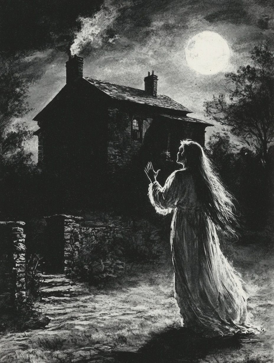 ghostly woman figure white dress wails outside house under moonlight