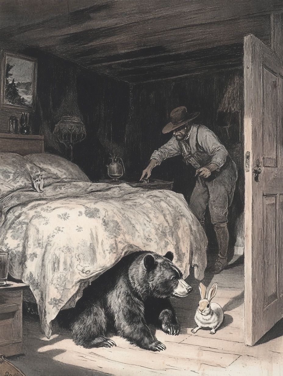 bear hides under bed, white rabbit, hunter