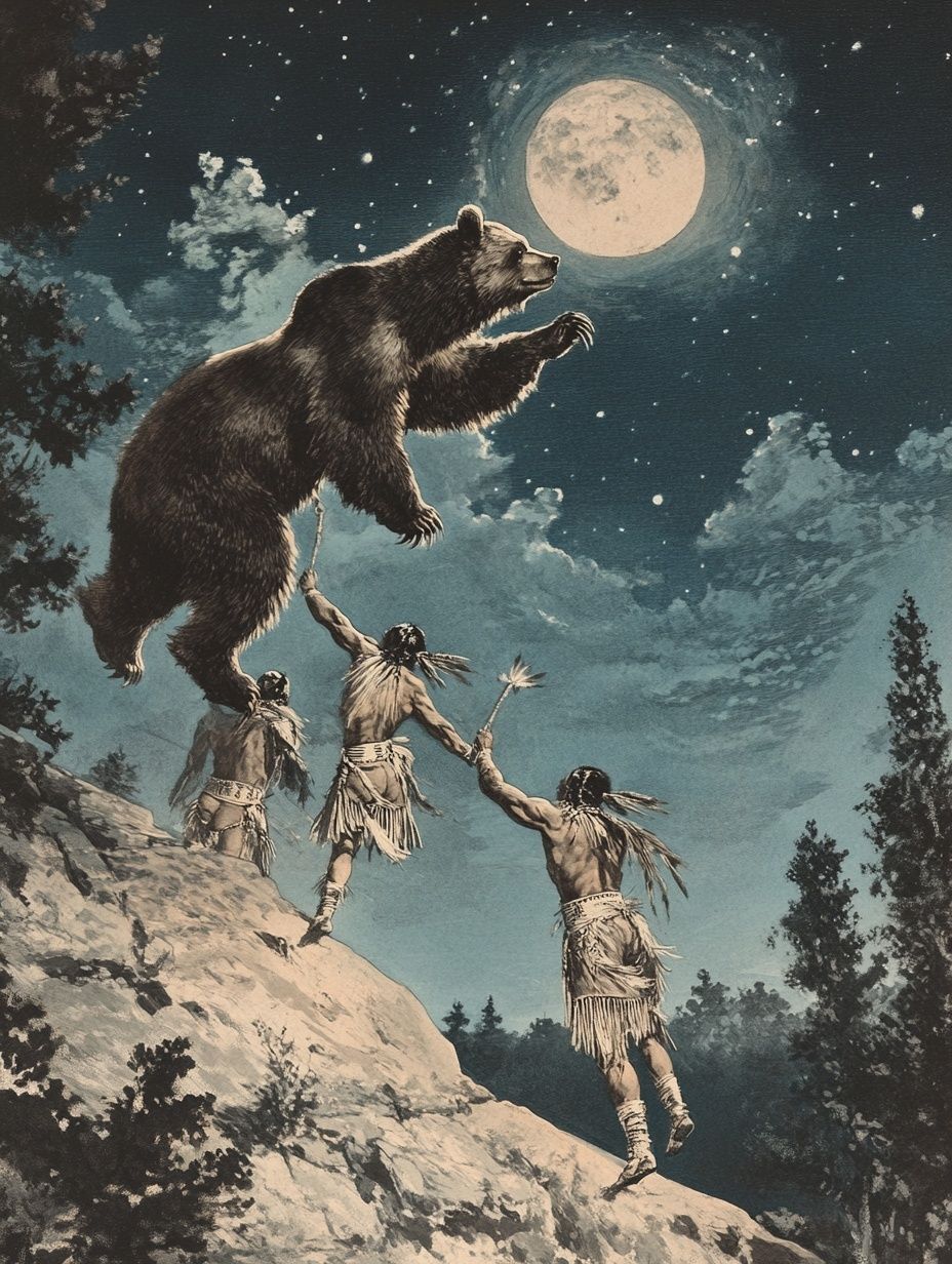 a large bear takes 3 Native American warriors into the sky