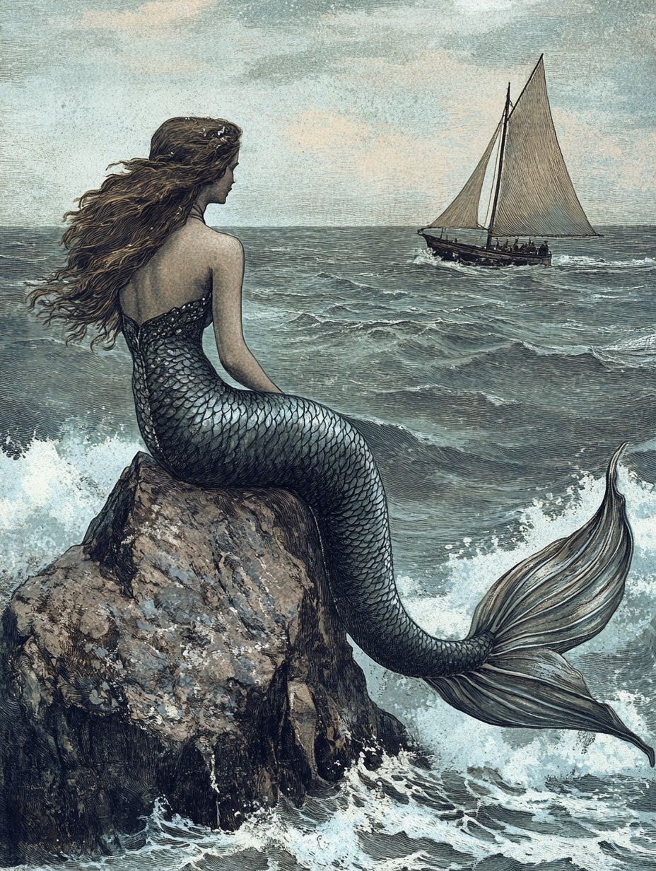 mermaid sitting on rock boat in distance