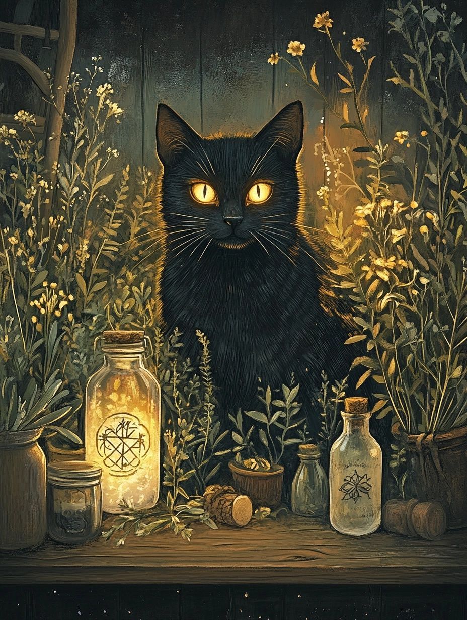 black cat, glowing eyes, surrounded by potions and herbs