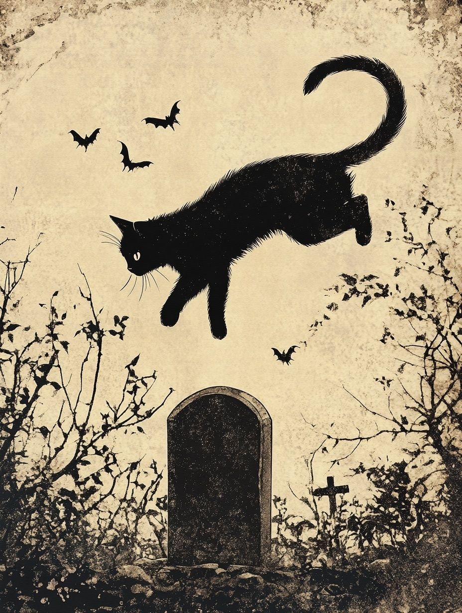 black cat jumps over grave