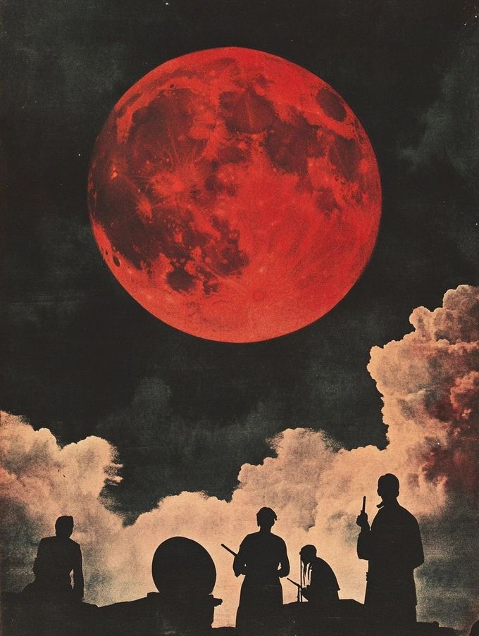shadowy figures stand under a blood red moon