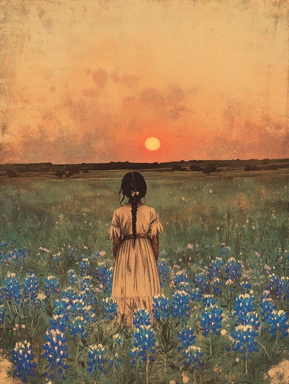 a young indigenous American girl stands in a field of bluebonnets at sunset