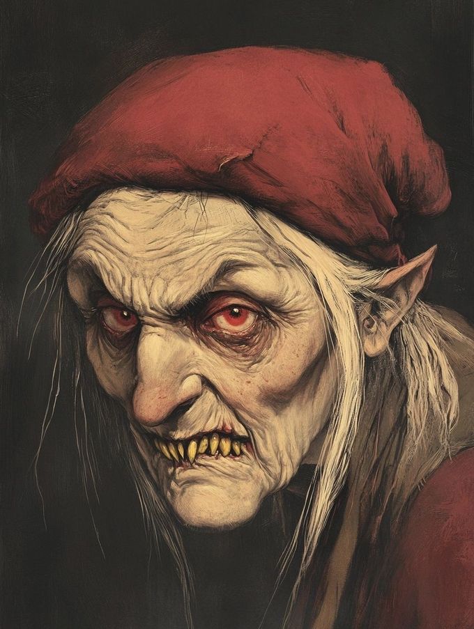 old woman demon, red eyes, red cap, rotting teeth