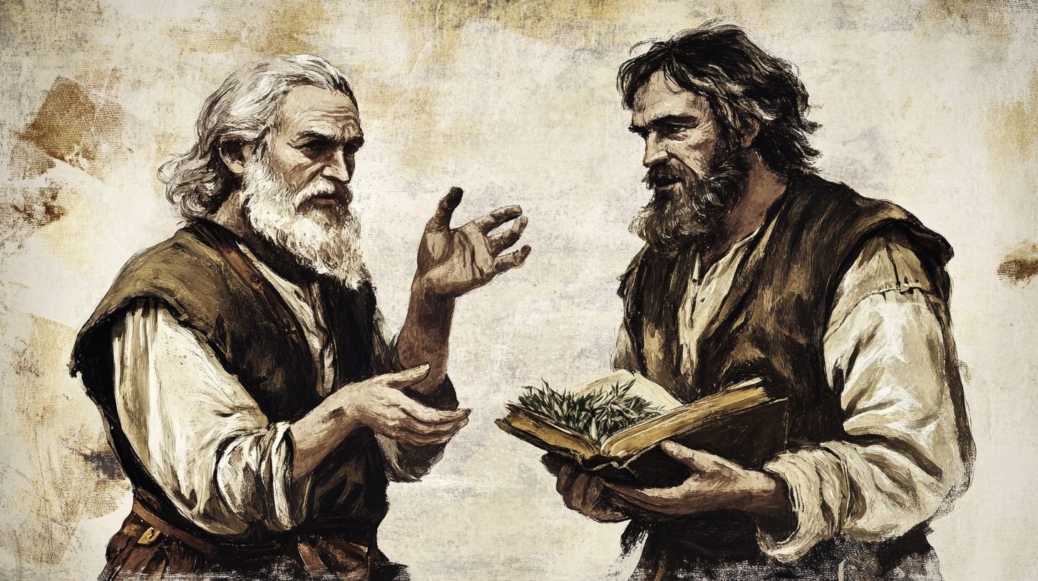 two early modern British men talk, one holds an open book with herbs