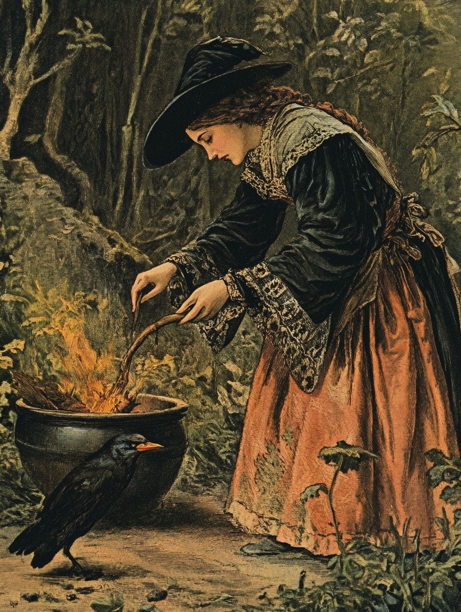 a witch in folk clothing leans over a cauldron in a forest