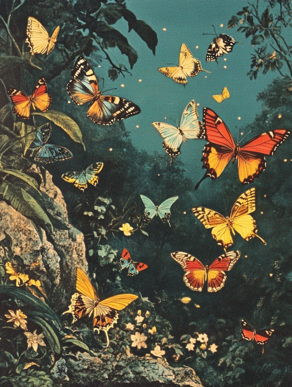 colourful butterflies flying at night