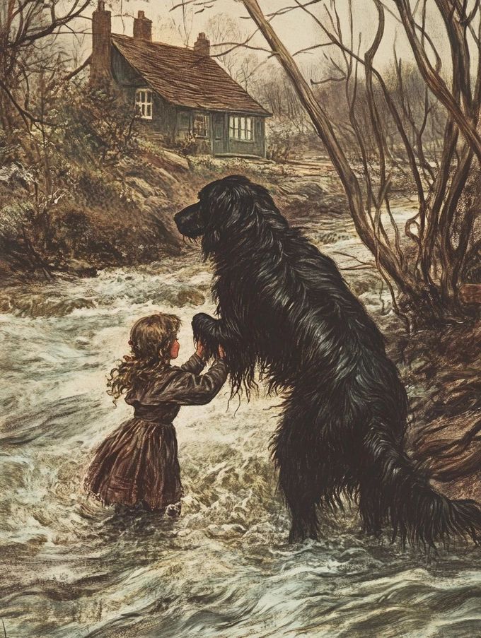 large black dog and small girl in river
