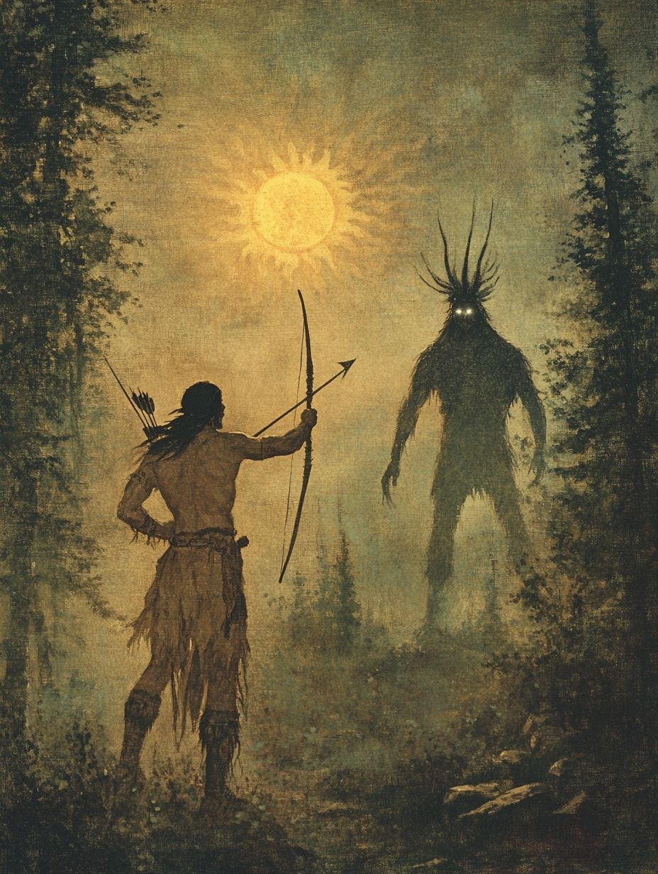 Native American warrior, holding a bow arrow, glowing sun spirit in the sky above him, confronts a menacing shadow, vintage illustration.