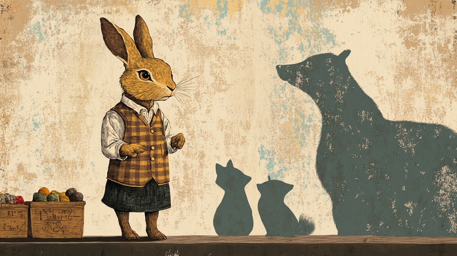 rabbit in checked waistcoat, shadows of other animals behind