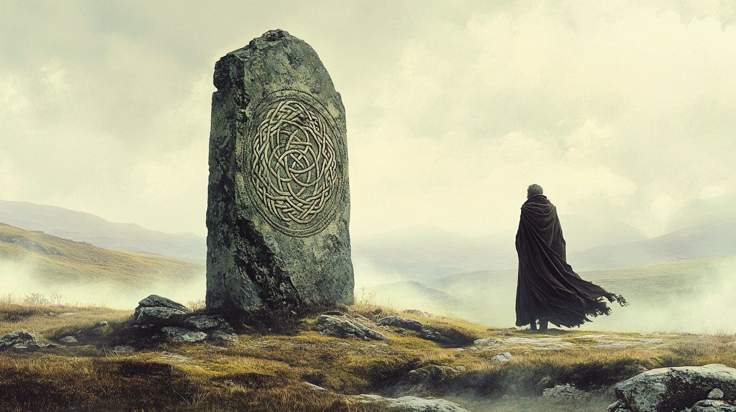 cloaked figure on a heathery moor in front of tall stone slab with intricate knot work