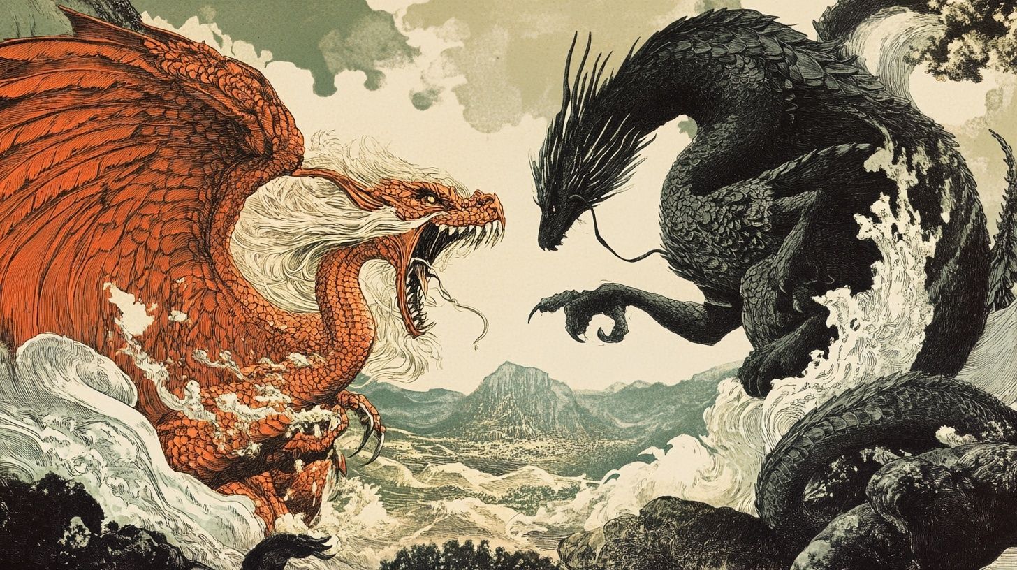 a red and black dragon fight in the sky