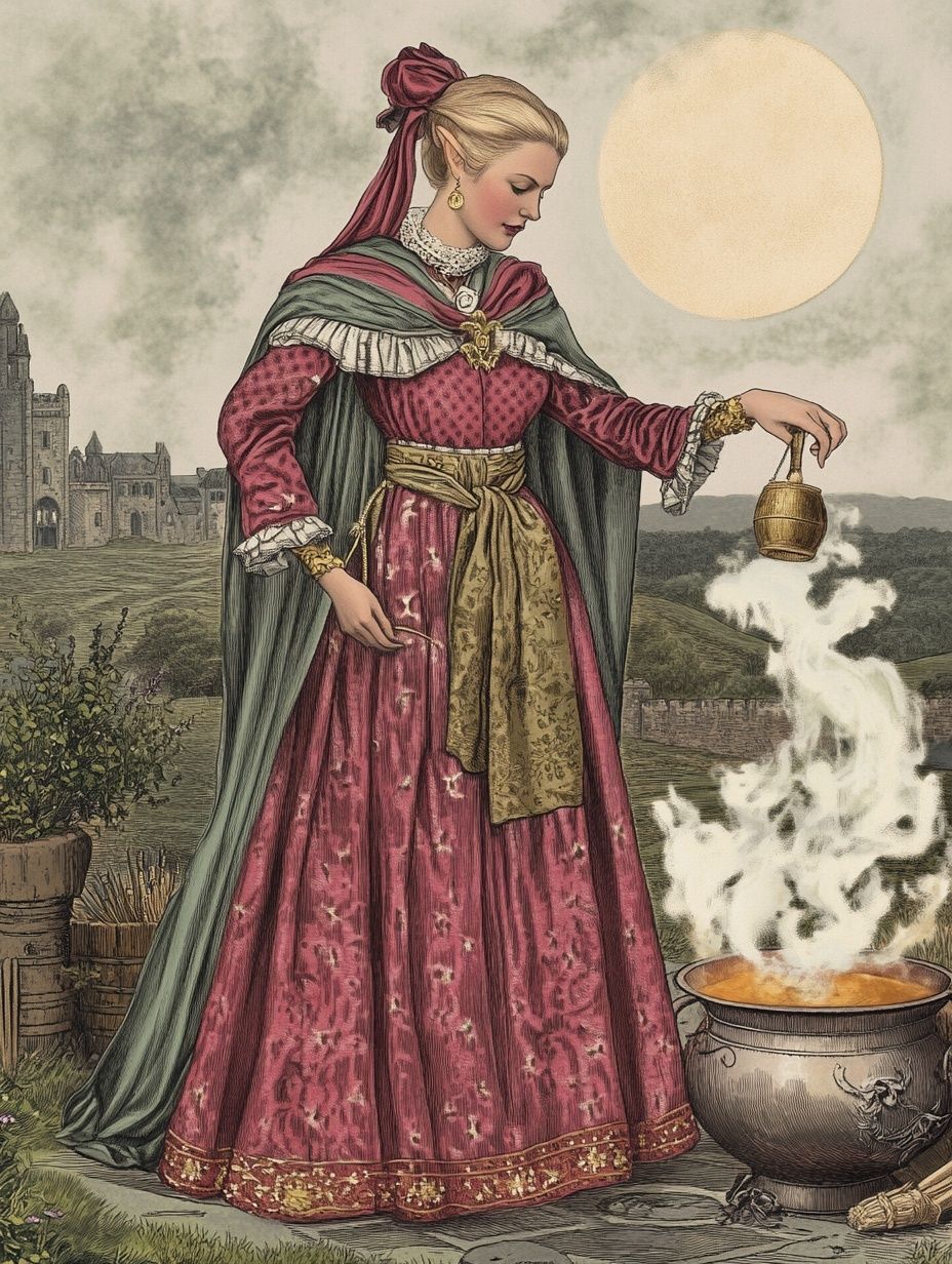 Ancient welsh Celtic goddess, cauldron, under moon 