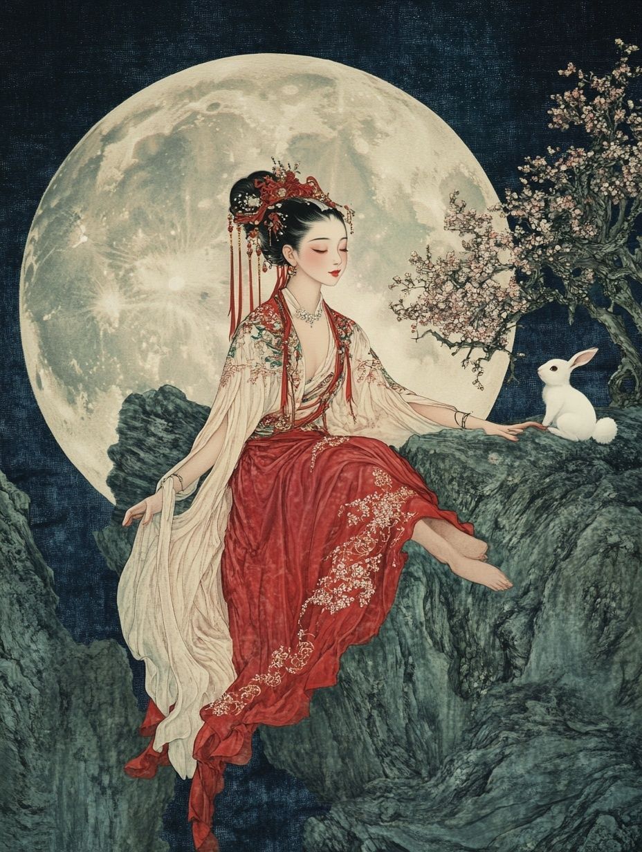 Chinese moon goddess under full moon, white jade rabbit