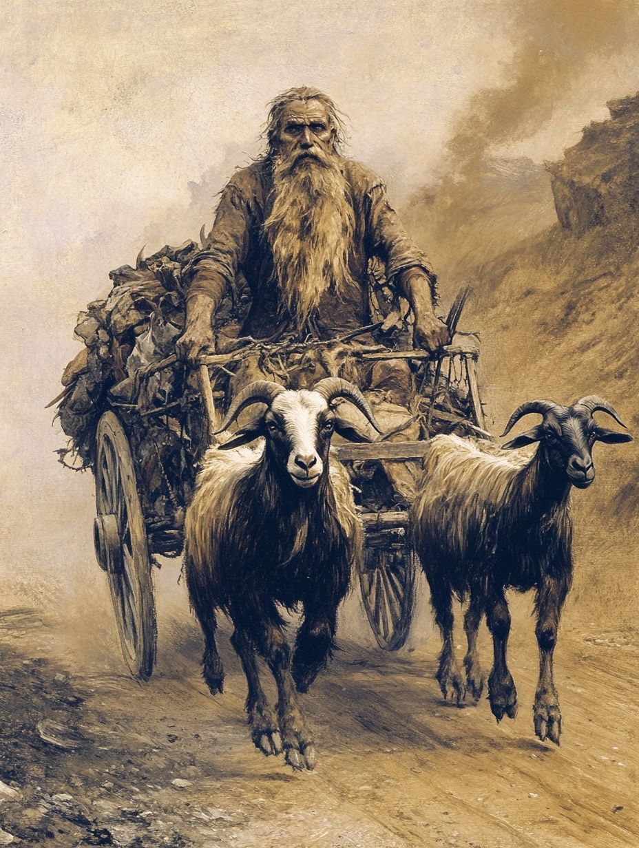 bearded man in a cart being pulled by goats
